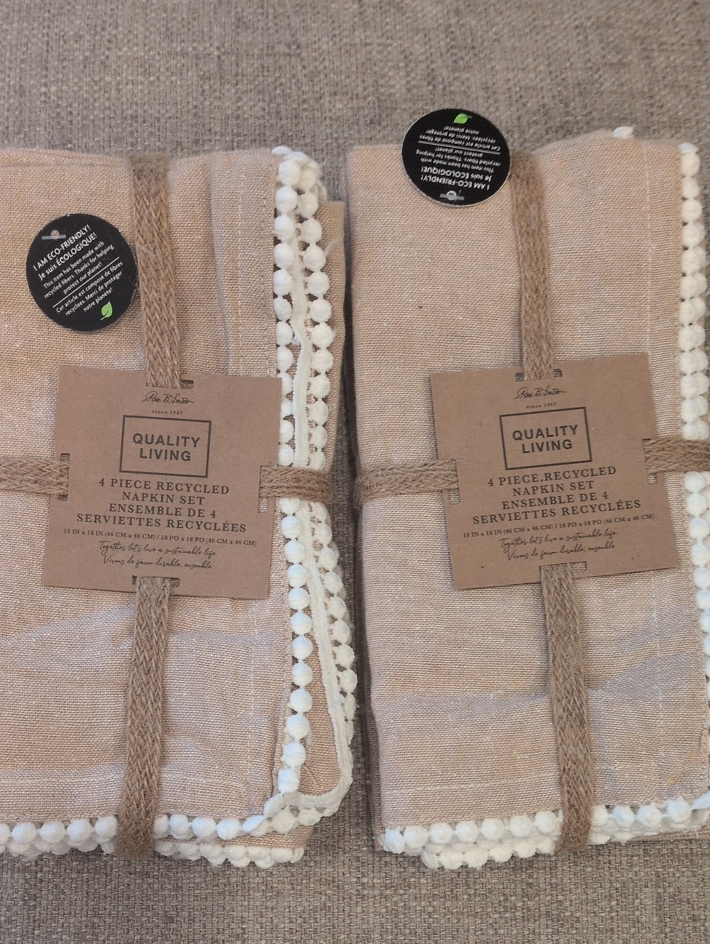 NWT  Set Of Two Beige Recycled Napkin Set - 4 Piece x 2= 8 Napkins